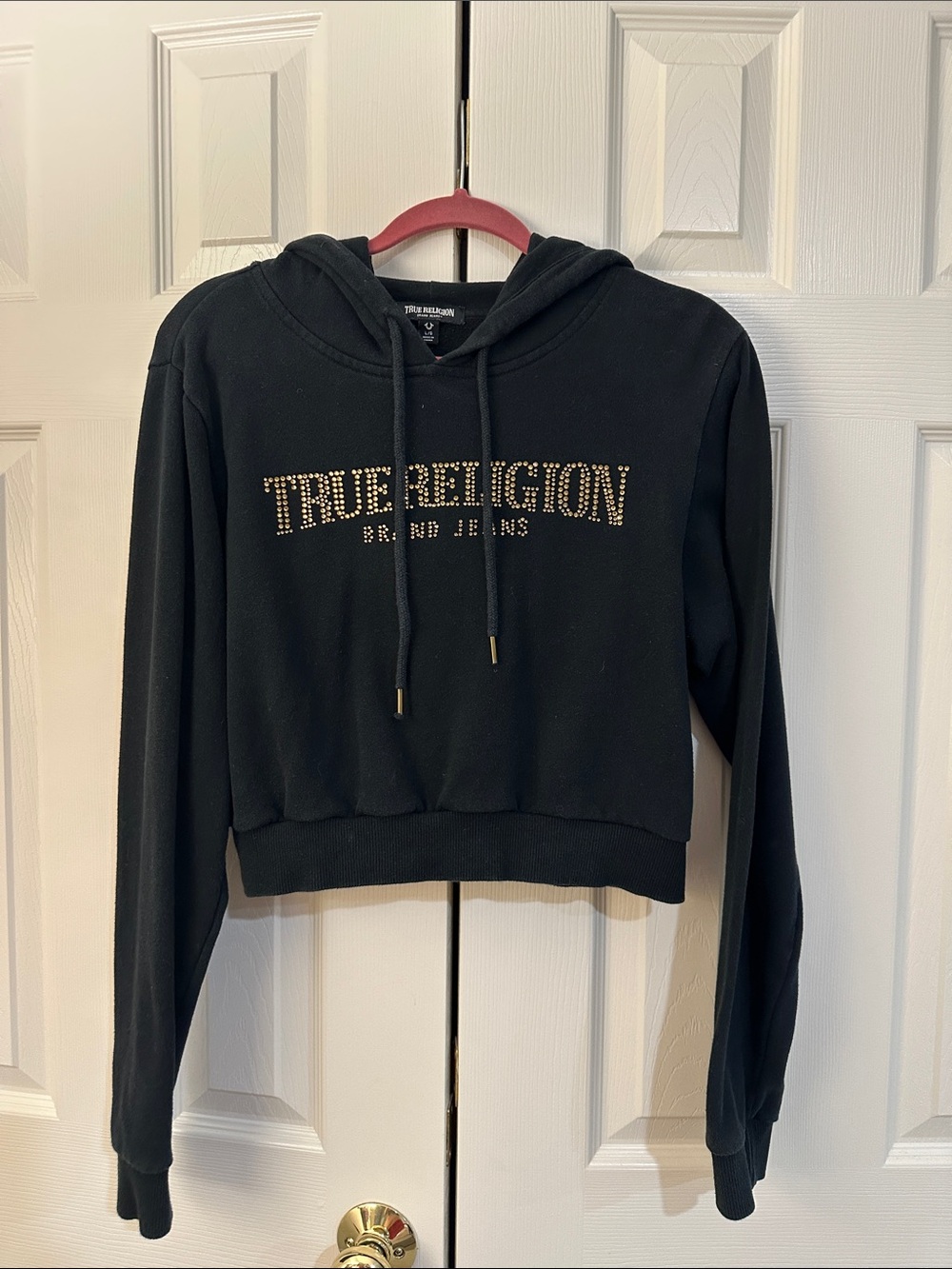 True Religion Black Cropped Hoodie with Gold Stud Logo